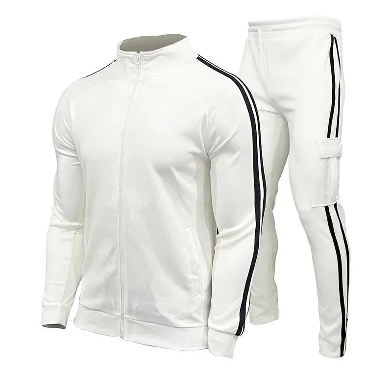 Plus Size Men's Jogging Sport Set with Three Stripes Stand Collar Zipper Workout Sports Suit Outdoor Running Sets