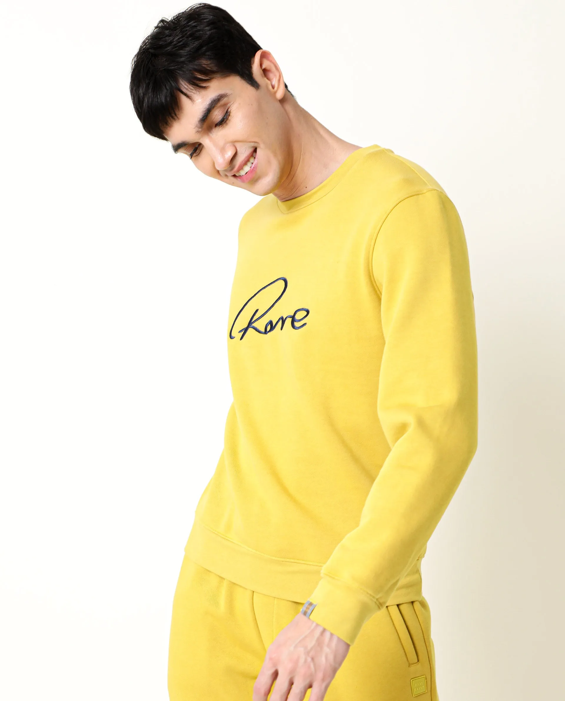 Rare Rabbit Men'S Asher Mustard Sweatshirt Cotton Polyester Fabric Crew Neck Full Sleeves Slim Fit