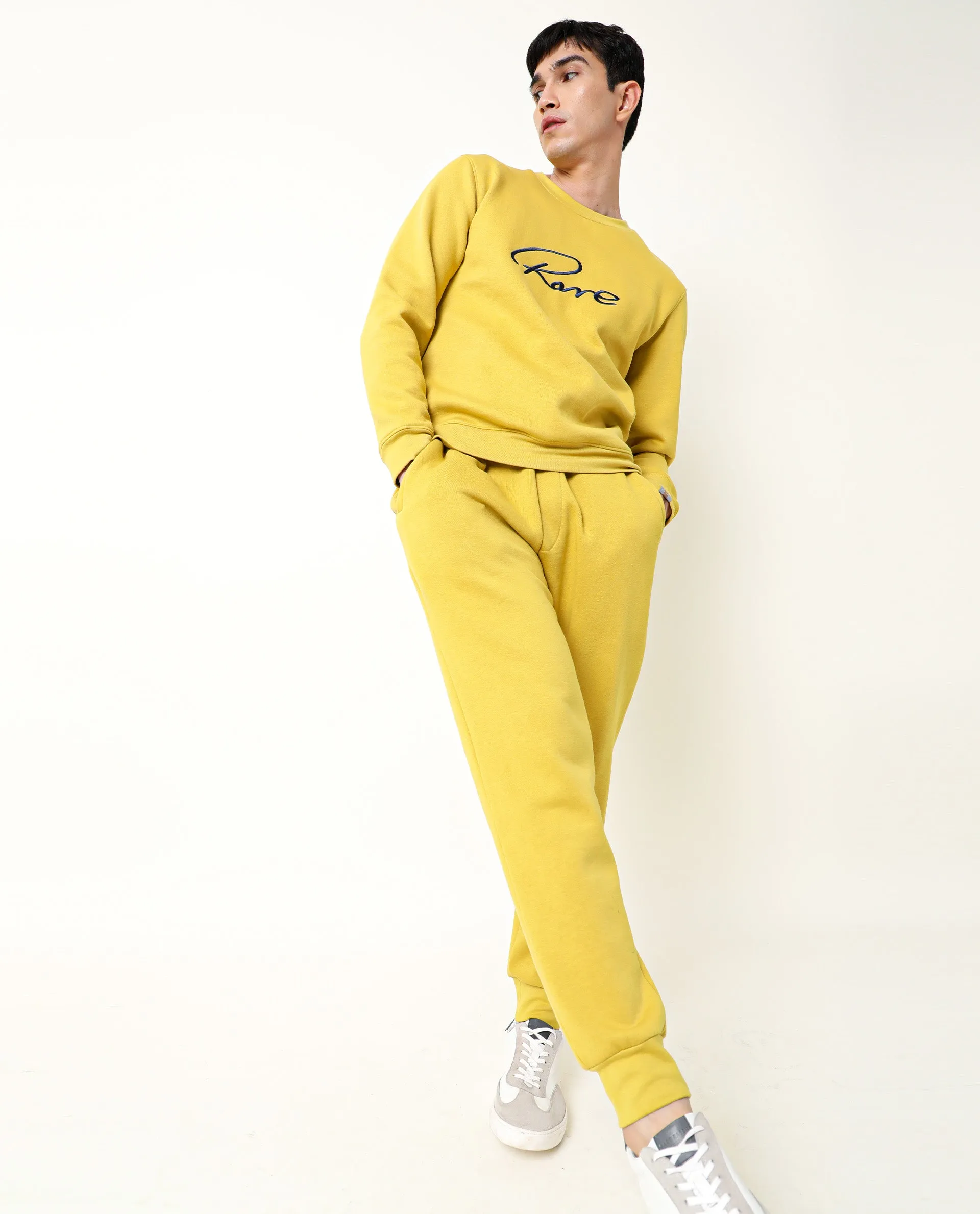 Rare Rabbit Men'S Asher Mustard Sweatshirt Cotton Polyester Fabric Crew Neck Full Sleeves Slim Fit