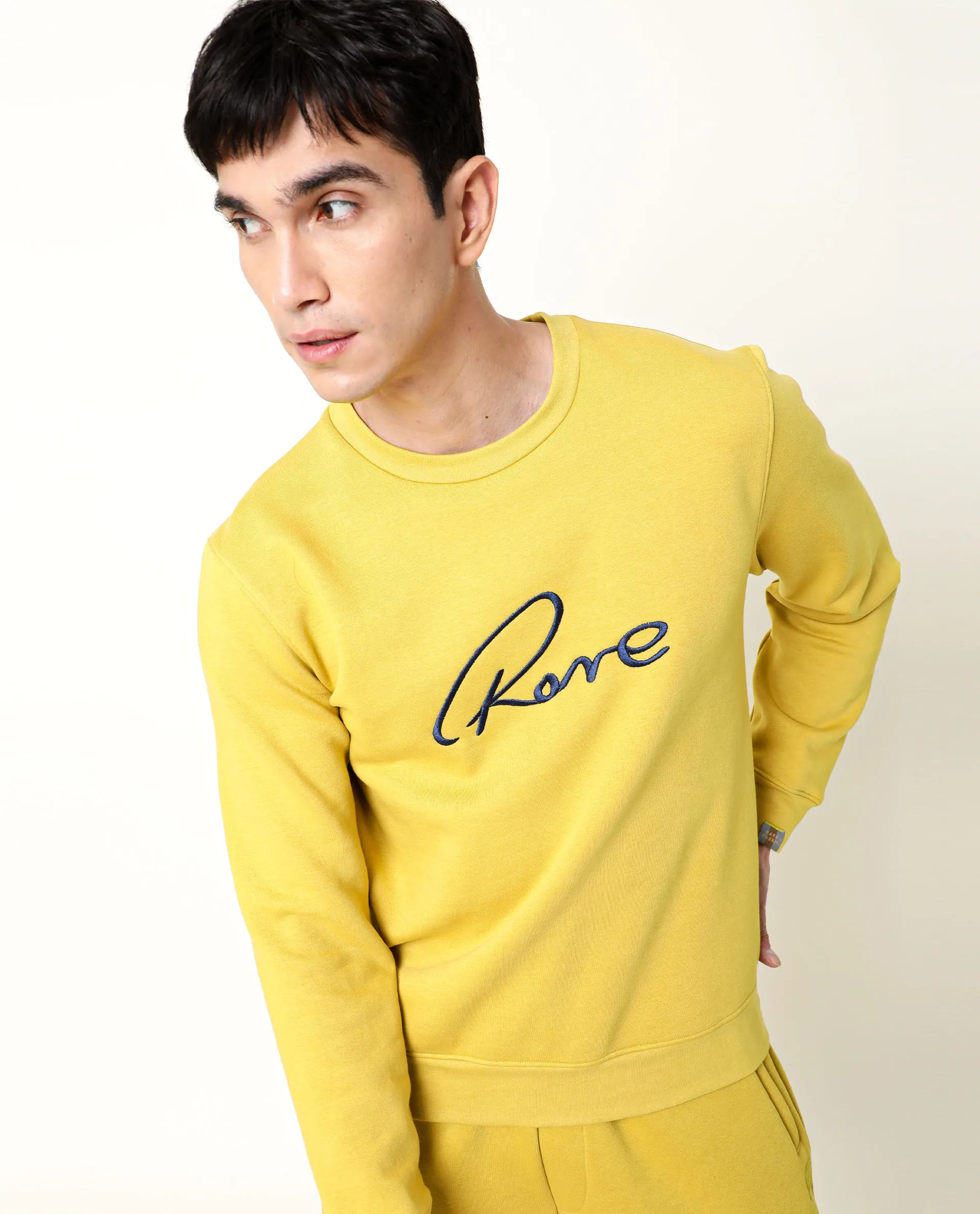 Rare Rabbit Men'S Asher Mustard Sweatshirt Cotton Polyester Fabric Crew Neck Full Sleeves Slim Fit