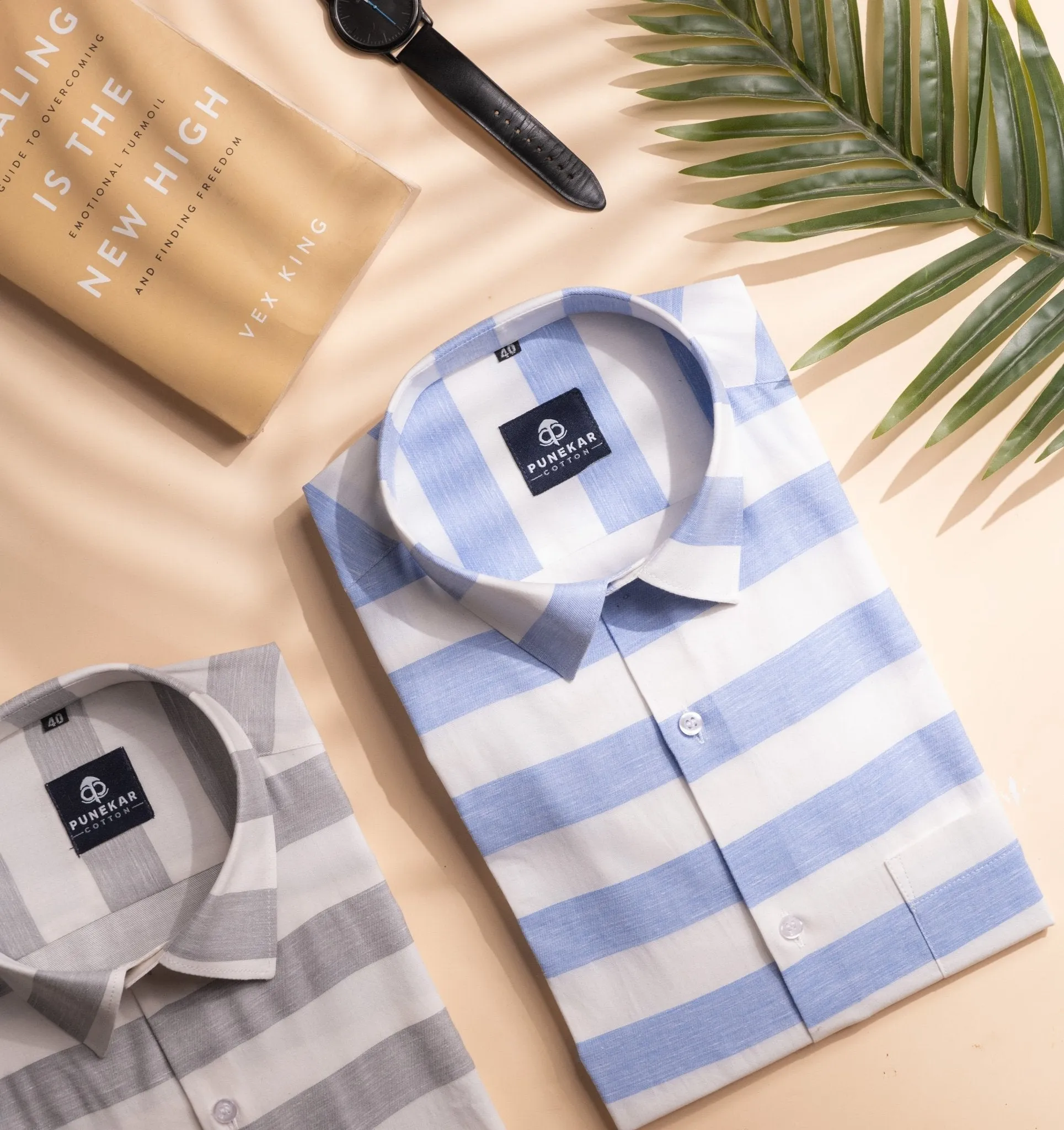 Sky Blue Color Cotton Stripe Shirt For Men