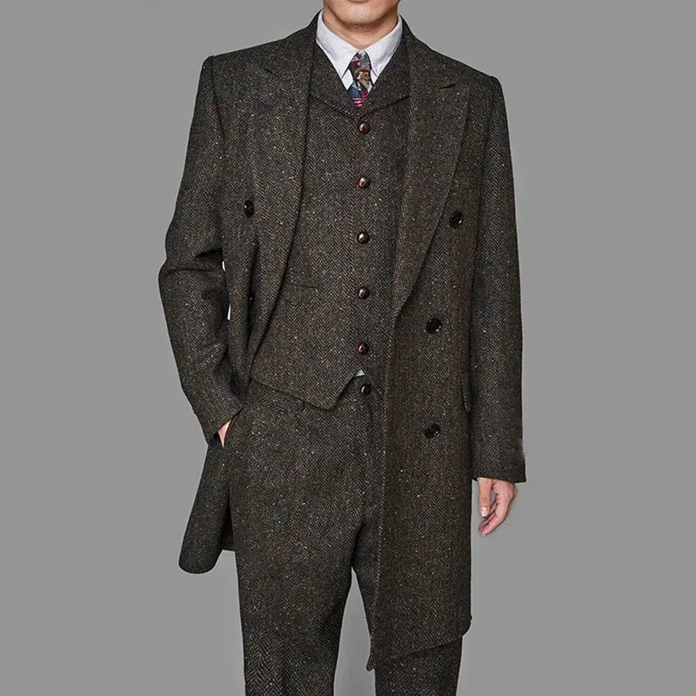 xiangtuibao Winter Herringbone Suits For Men Tailor Made Long Coat Vest Pants 3Pcs Set Formal Casual  Tweed Men's Blazer Costume Homme